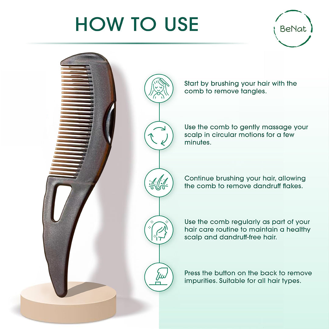 Healthy scalp comb upright on base, dark handle with long metal teeth