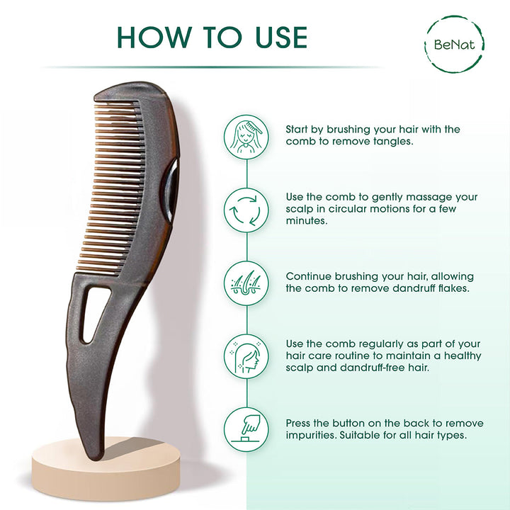 Healthy scalp comb upright on base, dark handle with long metal teeth
