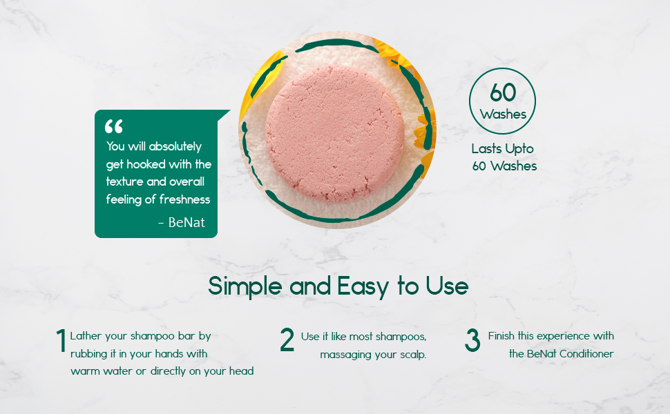 Shampoo bar usage infographic with a round pink bar and three step icons
