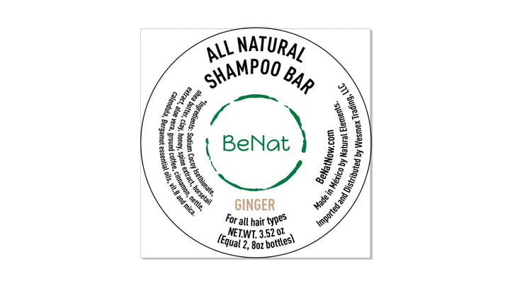 All natural shampoo bar label, Ginger variant by BeNat