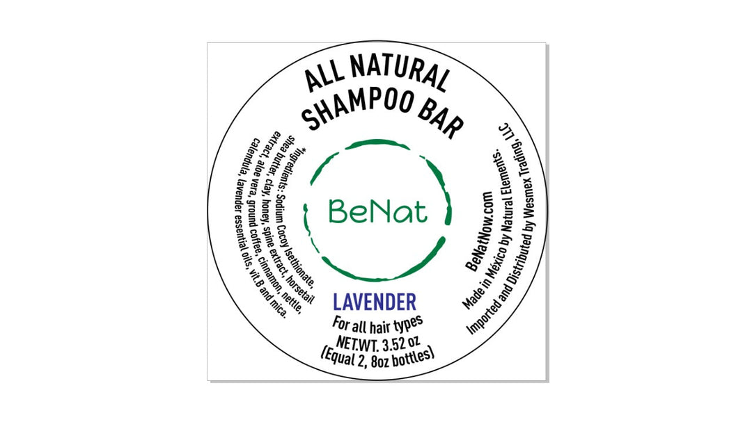 All natural shampoo bar label, Lavender variant with BeNat seal