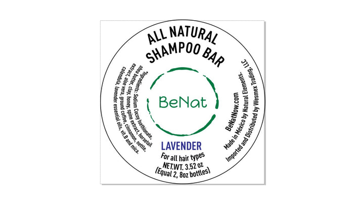 All natural shampoo bar label, Lavender variant with BeNat seal