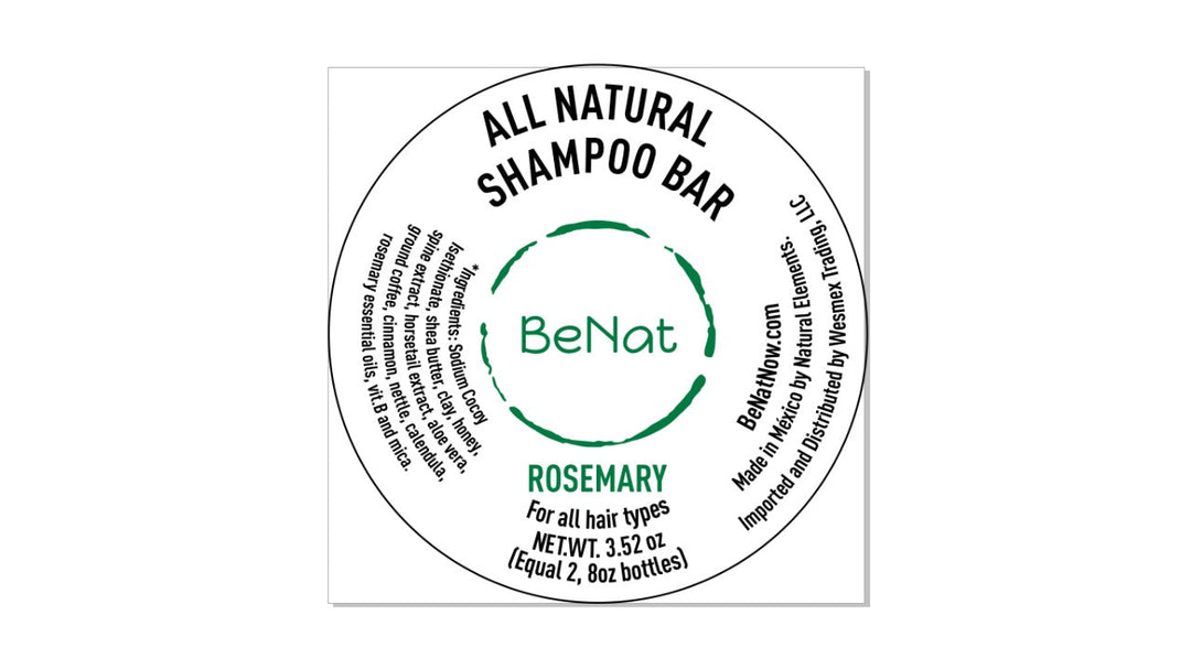 All natural shampoo bar label, Rosemary variant by BeNat