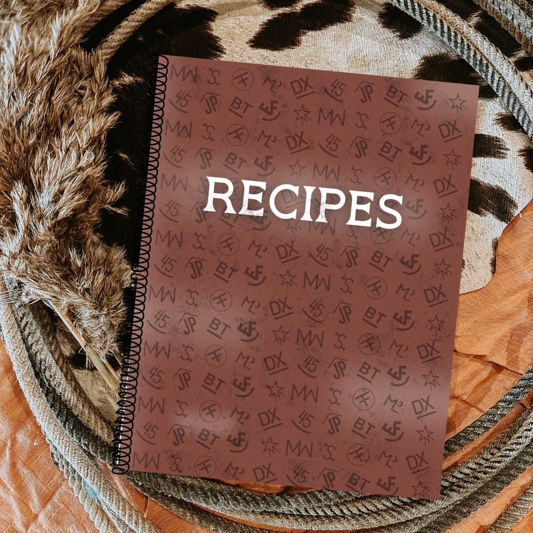 Spiral recipe book with “Recipes” title on patterned cover, shown from above