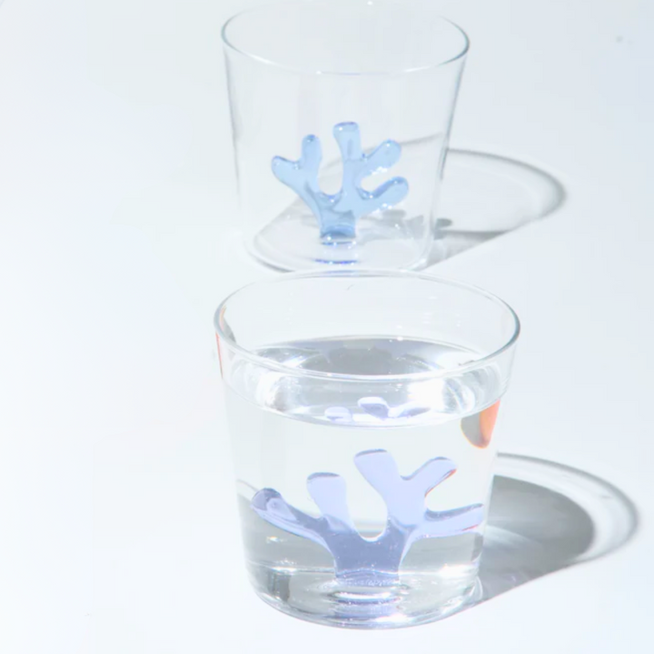 Water tumbler with clear glass and light blue coral-shaped silicone insert