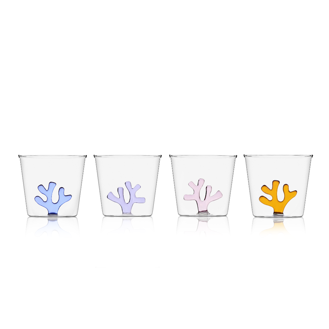 Set of four clear glass water tumblers with coral inserts in blue, lilac, pink, amber
