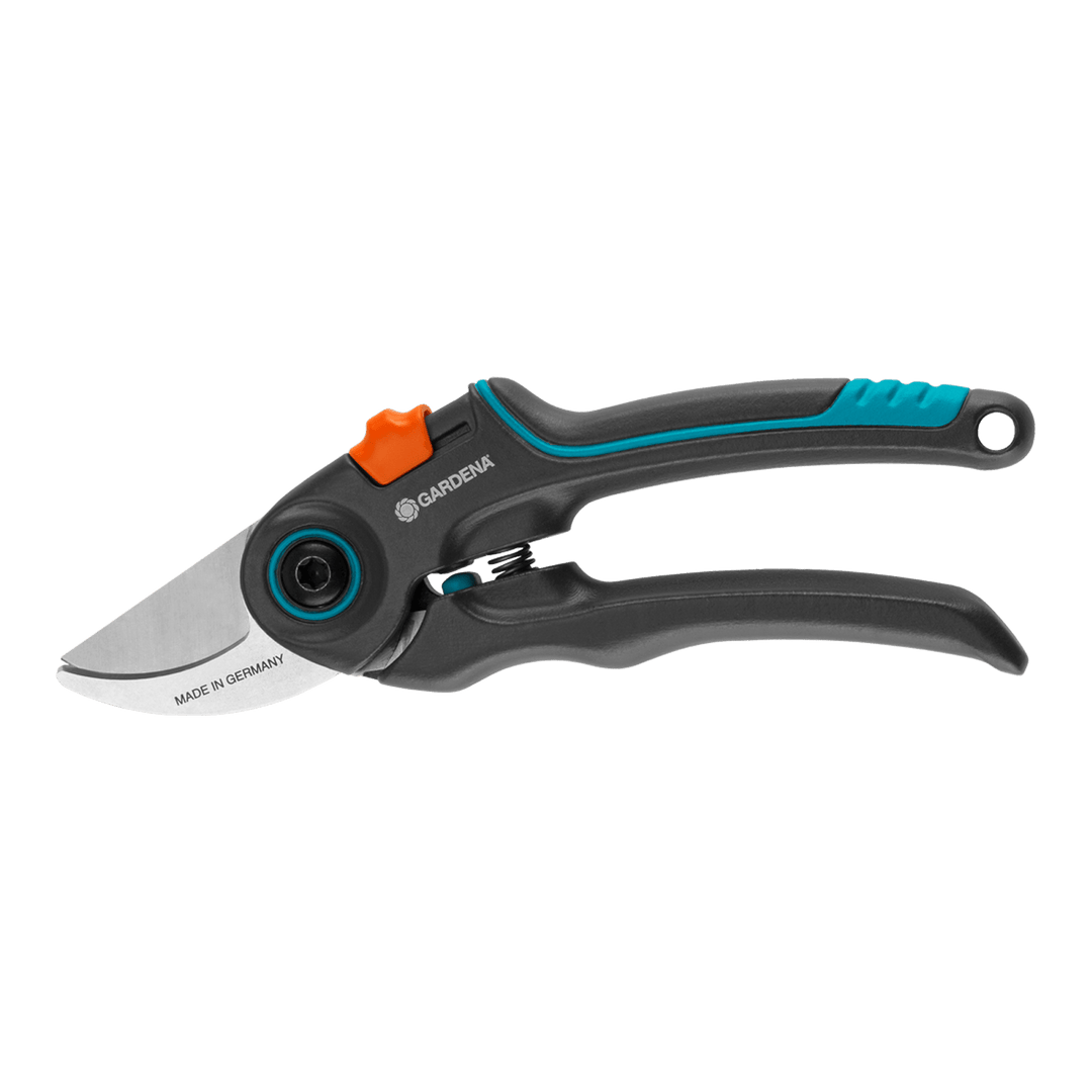 Garden secateurs with black handles, teal grip, orange release, and metal cutting blades