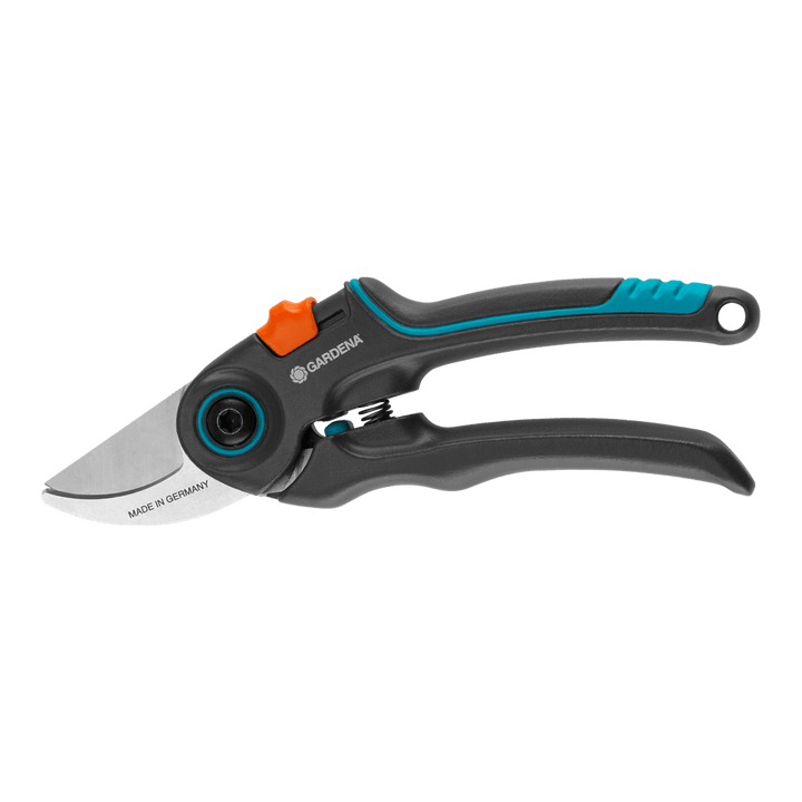Garden secateurs with black handles, teal grip, orange release, and metal cutting blades