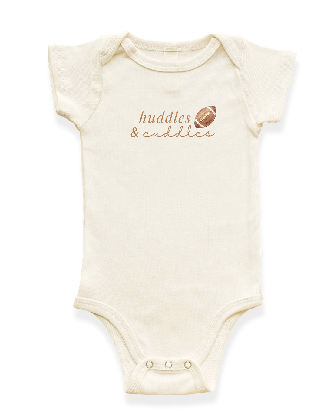 Organic baby bodysuit in off-white with short sleeves and snap-button closure