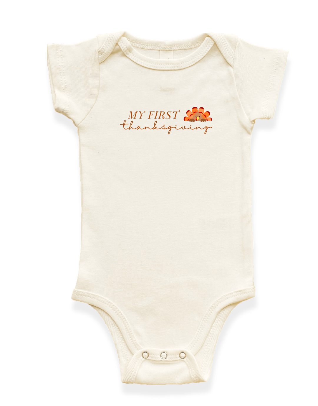 Organic baby bodysuit, short-sleeve cream with “My First Thanksgiving” graphic on chest