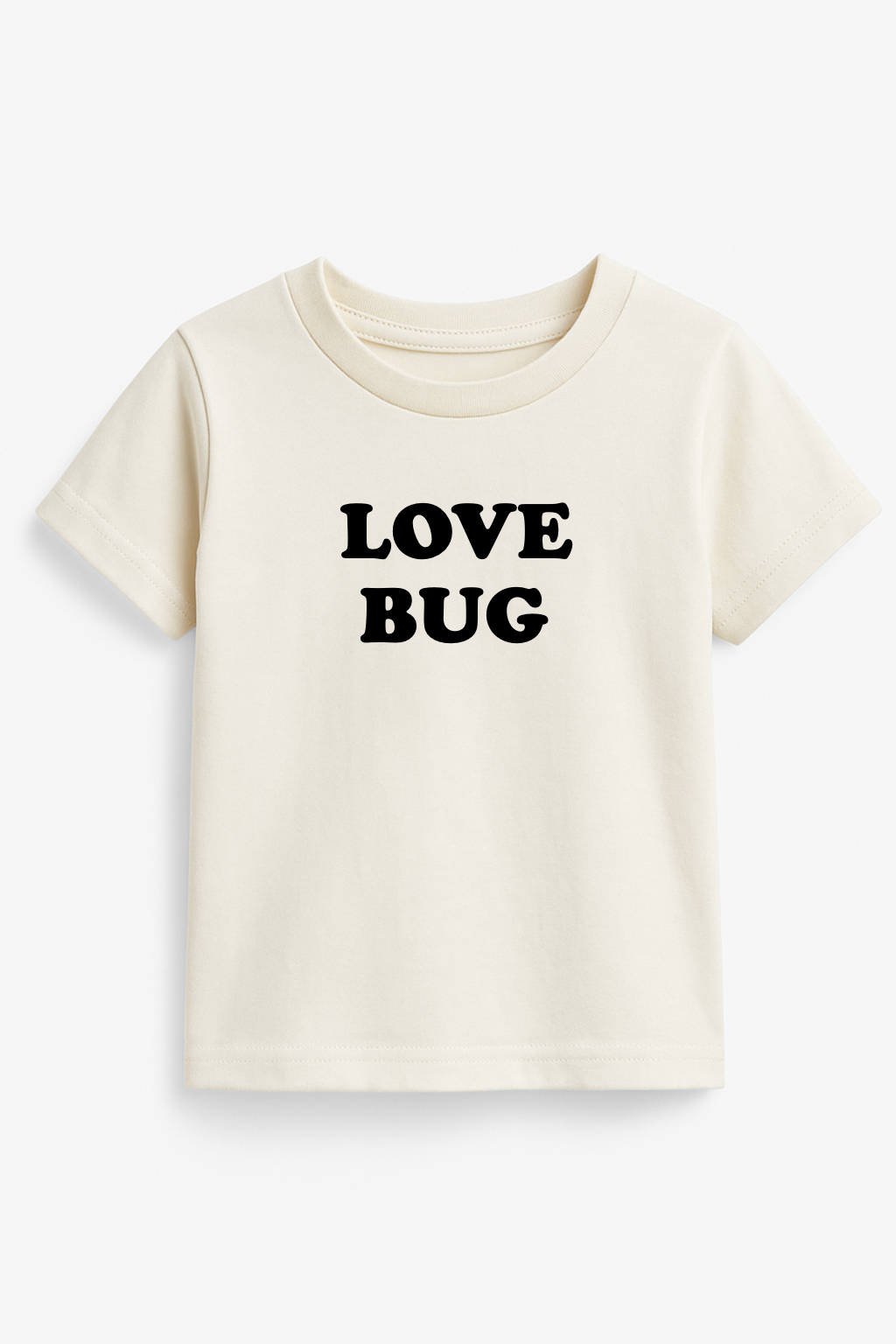 Kids organic T-shirt in off-white with "LOVE BUG" black front print