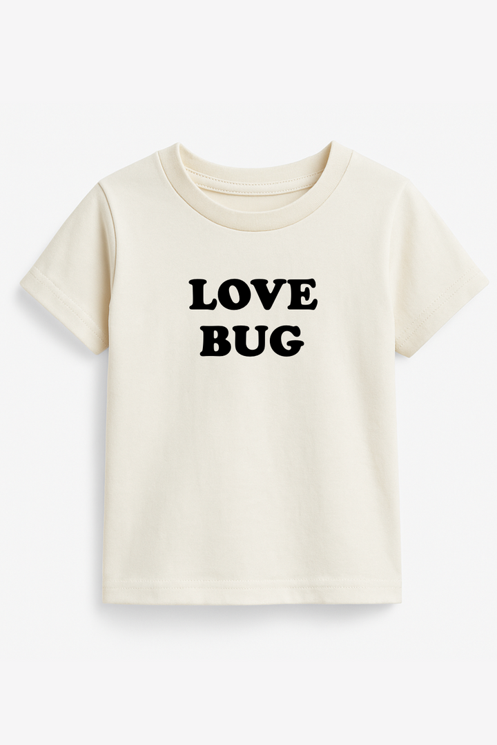 Kids organic T-shirt in off-white with "LOVE BUG" black front print
