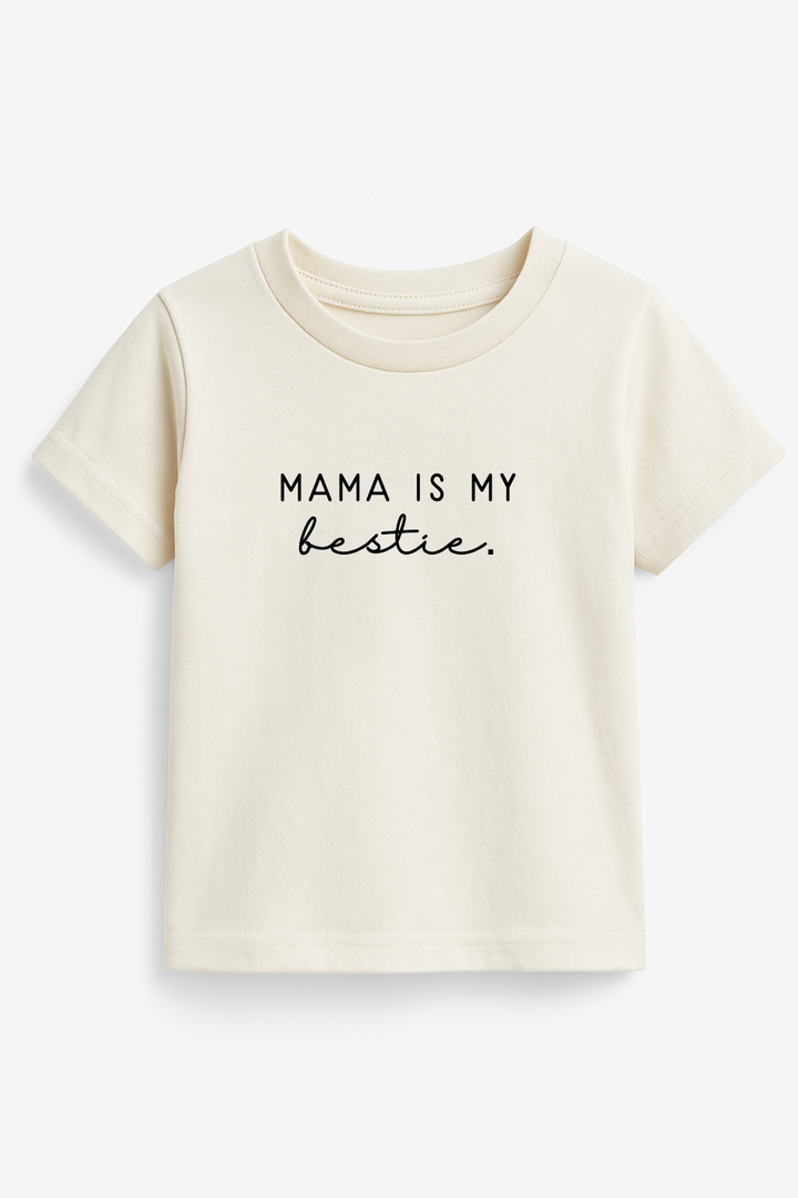 Kids organic T-shirt, light cream, short sleeves, 'MAMA IS MY bestie.' print