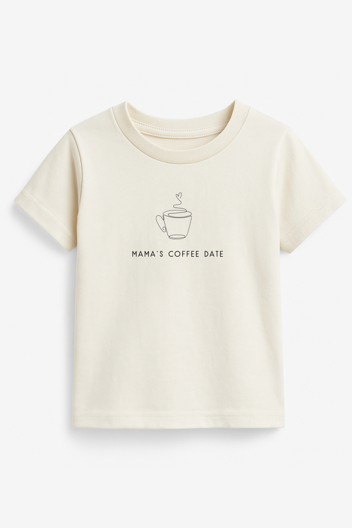 Kids organic T-shirt in cream with crew neck and coffee-cup 'MAMA'S COFFEE DATE' print