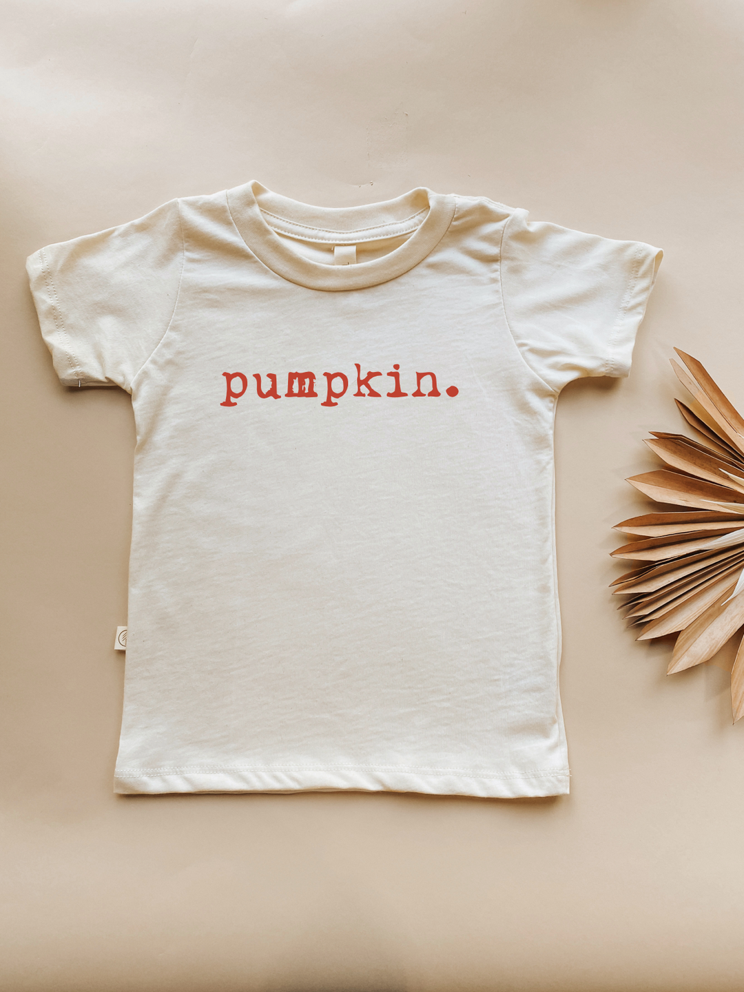 Kids organic t-shirt, cream with orange 'pumpkin.' front print