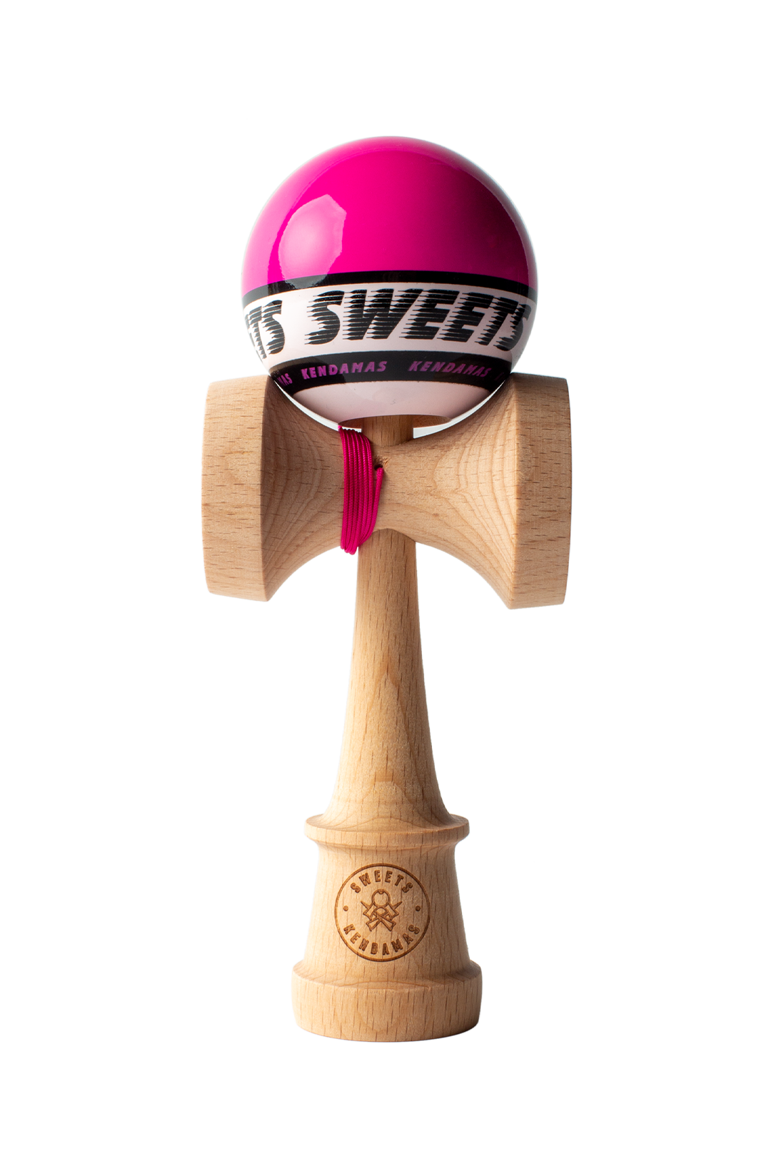 Wooden kendama toy with pink ball, black logo ring, and red string
