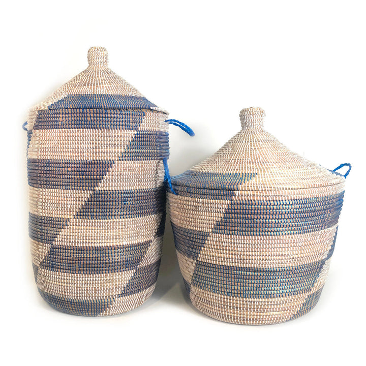 Two low storage hamper baskets, blue-and-white stripes, woven lids and side rope handles