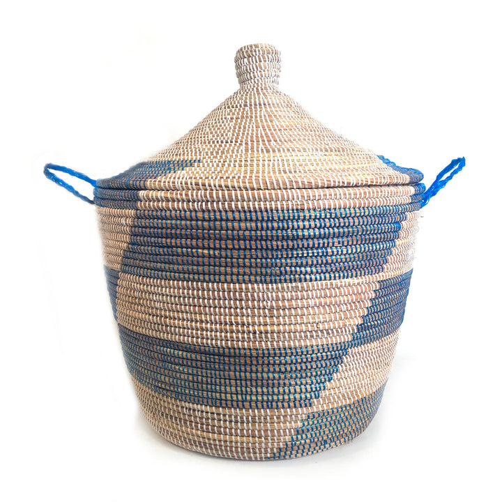 Low storage hamper basket, blue-and-white stripes with woven lid and rope handles