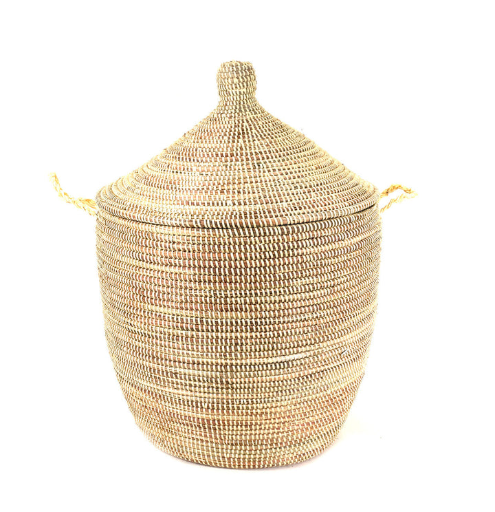 Natural woven floor basket with hinged lid and knob, natural straw color