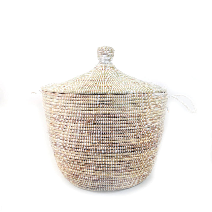 White woven floor basket with lidded top and side loop handle
