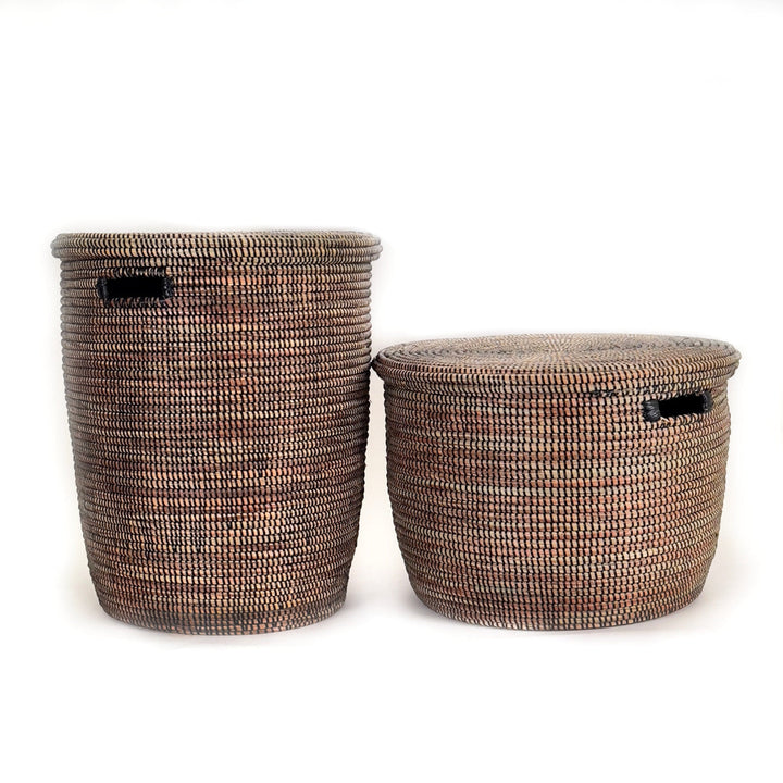 Woven lidded storage basket set, flat tops with cutout handles, dark braided weave