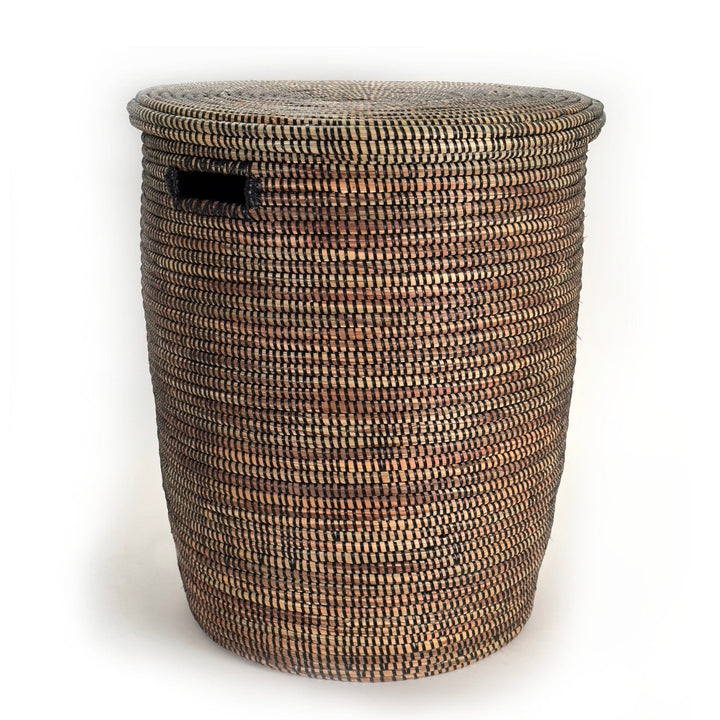Large woven lidded basket with flat top, dark finish, braided texture