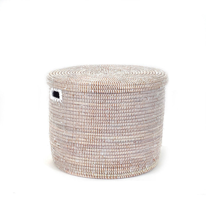 Round woven floor basket with flat lid and side carry cutout, light neutral