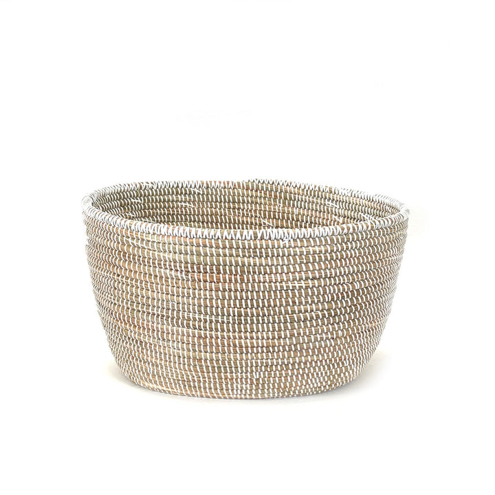 Woven oval basket with open top in light neutral striped rope weave