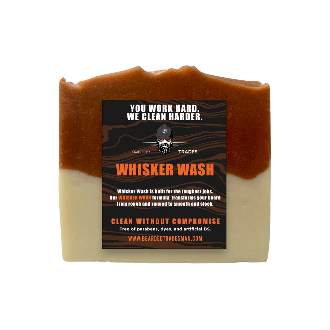 Amber and cream bar soap with visible Whisker Wash label