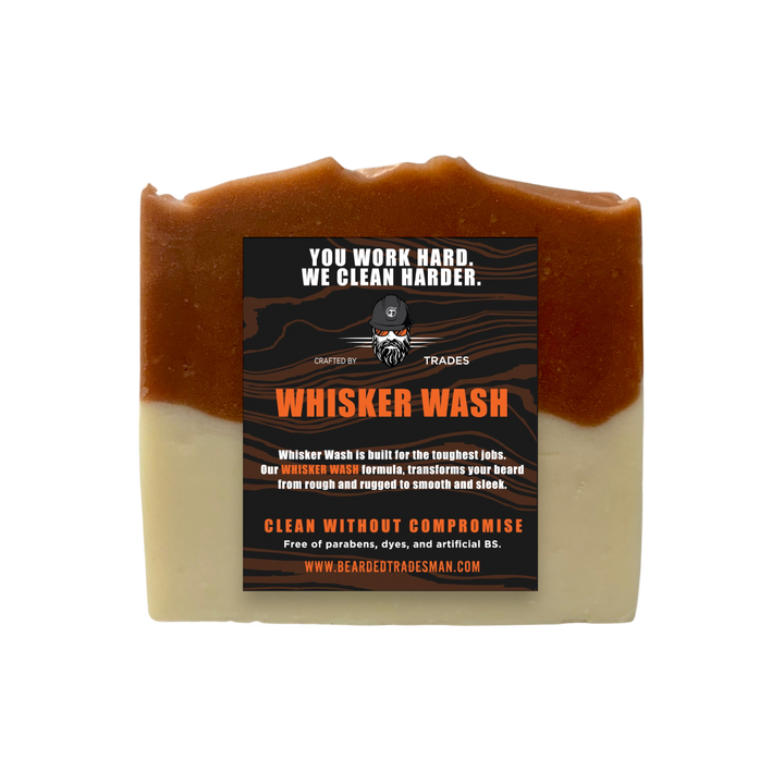 Amber and cream bar soap with visible Whisker Wash label