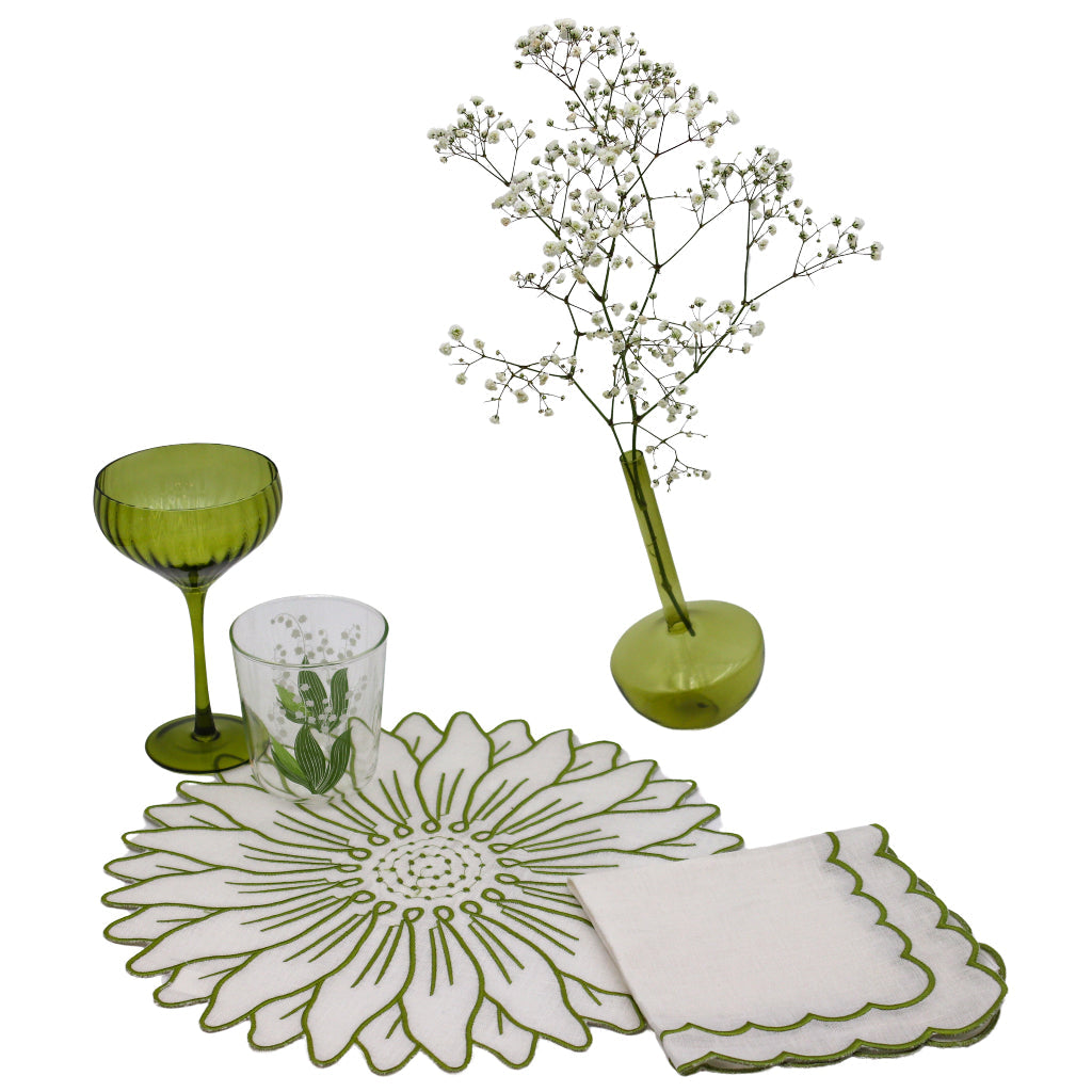 Ribbed sage-green coupe glasses set with green goblet stems and round bowls.