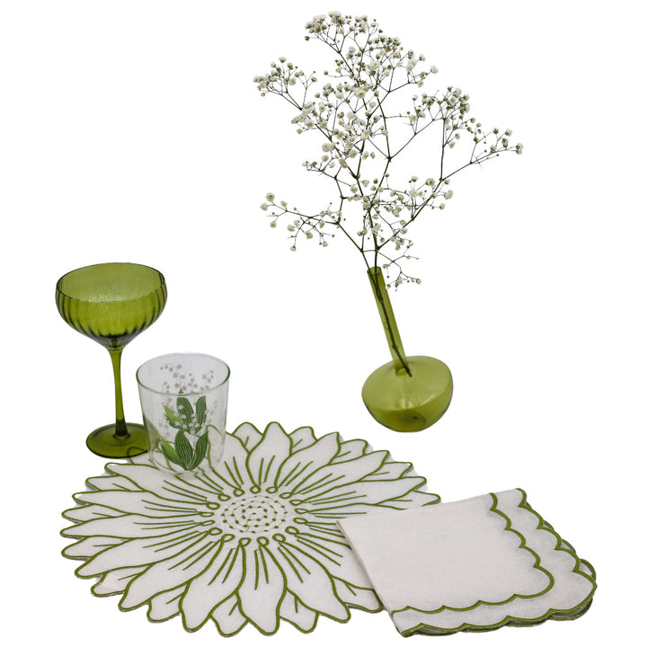 Ribbed sage-green coupe glasses set with green goblet stems and round bowls.