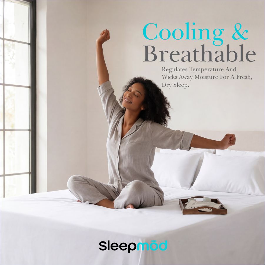White bed sheet set with pillow on a bed, person stretching on top