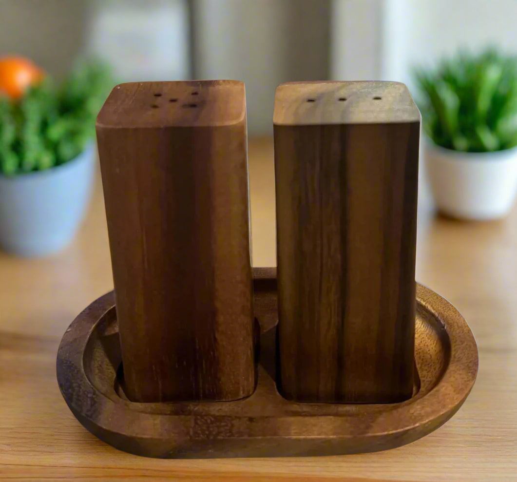 Salt & Pepper Shakers on an Acacia Wood Base — salt & pepper, [material], Kalmar Home