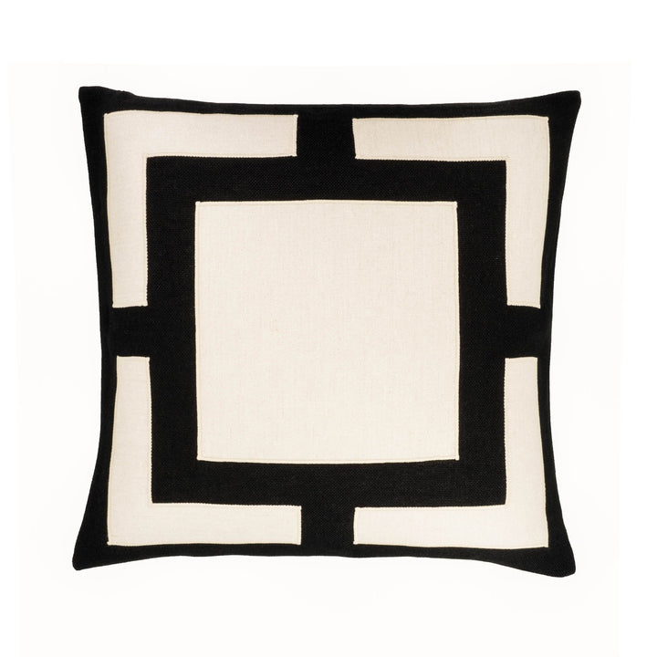 Black and white geometric throw pillow with centered square and border, square corners