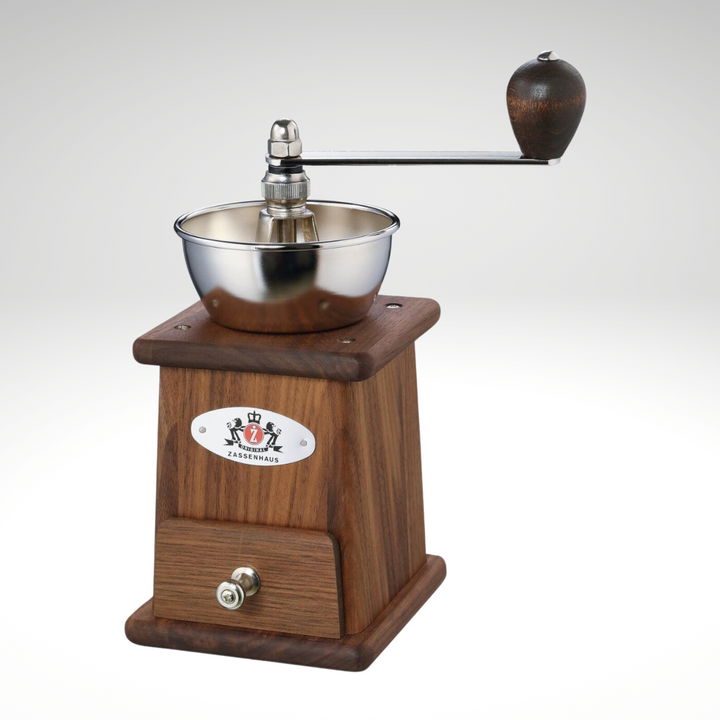Walnut coffee mill with metal crank handle and catch bowl, stainless steel grinder head