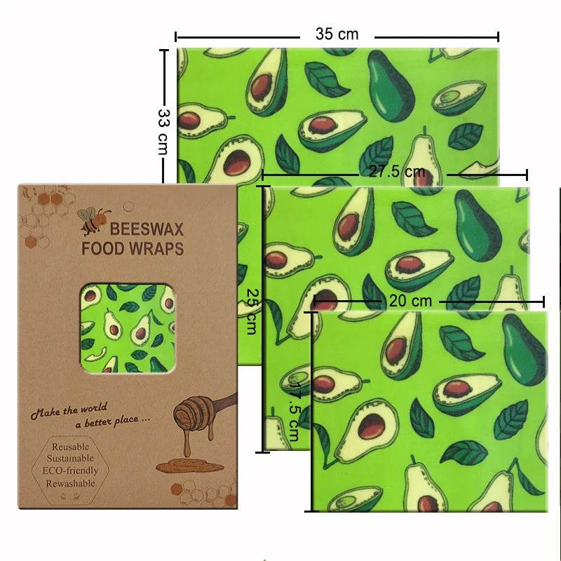 Beeswax food wrap set (3 sizes) with green avocado leaf pattern