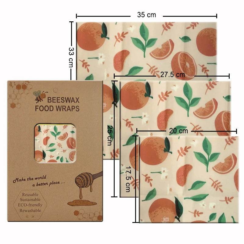 Beeswax food wrap set (3 sizes) with orange fruit and leaf pattern