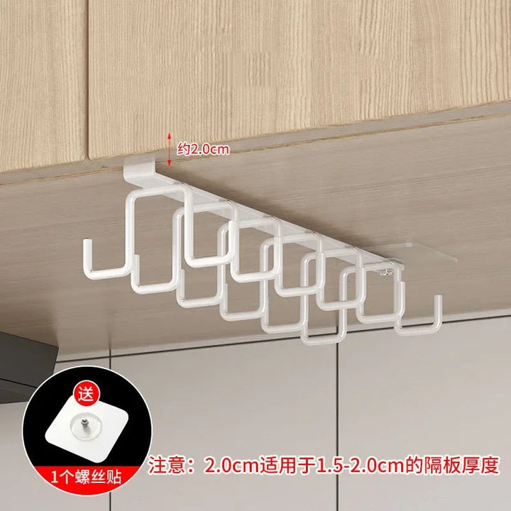 Punch-free Double-row Hooks Kitchen Cupboard Under Shelf Mug Cup Hanger Hook Iron Hanging Rack Holder Kitchen Cabinet Organizer