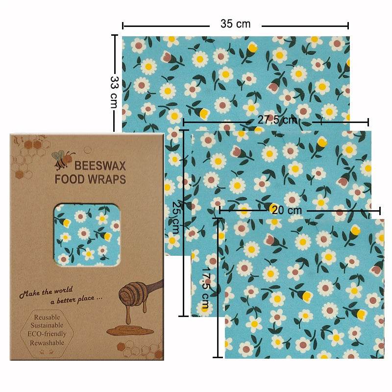 Beeswax food wrap set (3 sizes) with blue wildflower and daisy print