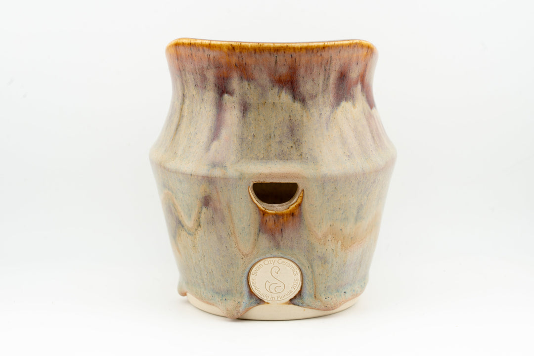 Ceramic dried flower sconce with side cutout, cream glaze with brown drips, small medallion