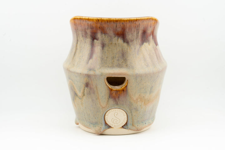 Ceramic dried flower sconce with side cutout, cream glaze with brown drips, small medallion