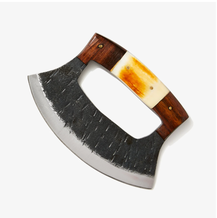 Crescent ULU knife blade with cutout, wood handle, and amber resin inlay