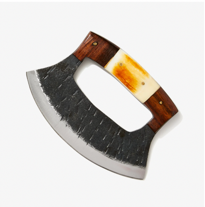 Crescent ULU knife blade with cutout, wood handle, and amber resin inlay