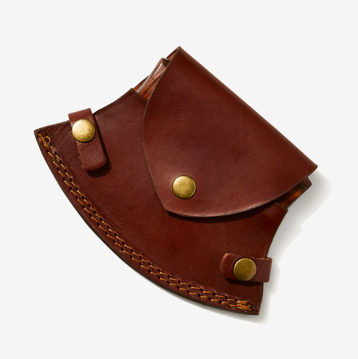 Brown leather ULU knife sheath with stitched edge and brass snap buttons