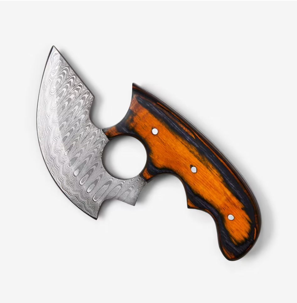 Alaskan ulu-style blade knife with damascus-pattern steel and orange wood handle