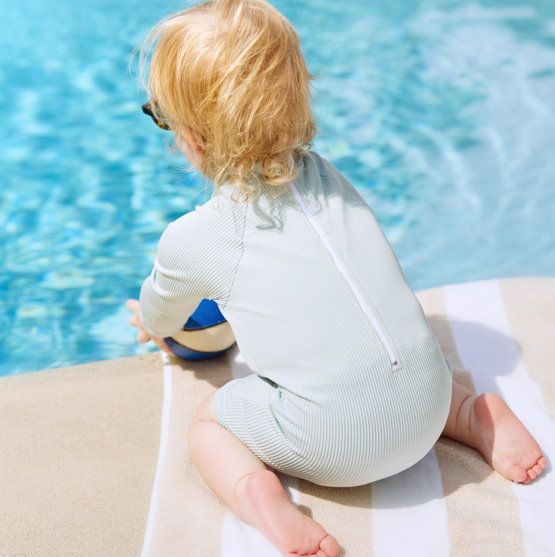 Mint ribbed long-sleeve rash guard swimsuit with shorts, back view