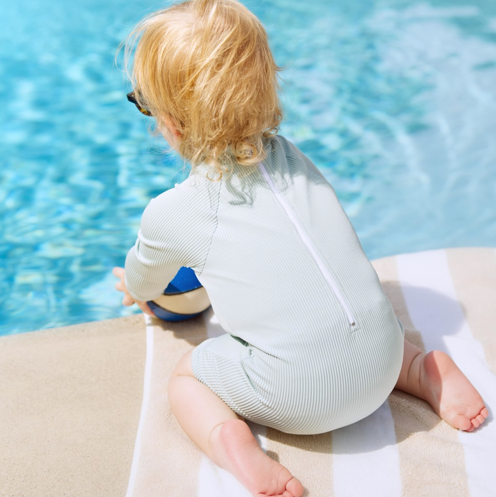 Mint ribbed long-sleeve rash guard swimsuit with shorts, back view