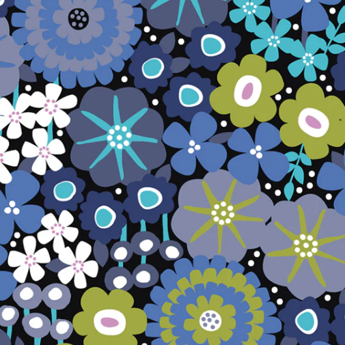 Bowl cover set fabric pattern: layered flowers with circles and dots on dark blue