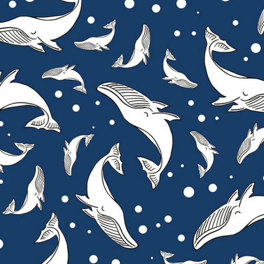 Bowl cover set fabric pattern: white whales and bubbles on navy blue